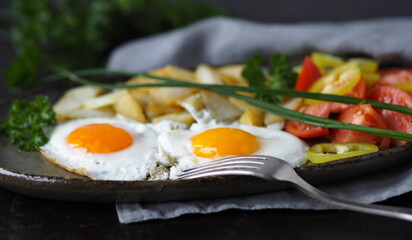 Healthy breakfast from natural products. Fried eggs with potatoes, tomatoes and herbs on an exotic plate on a dark background.
