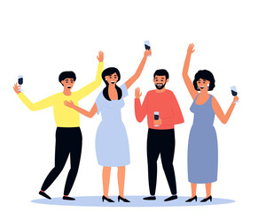 Obraz premium Large group of mixed people holding glasses of wine. Friends celebrate the holiday together at home or at the disco. Men and women drink wine. Flat vector illustration.