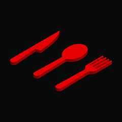 Spoon fork and knife red on a black background, isometric image, sign for design, vector image