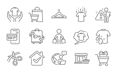 Marketplace, T-shirt and Buyer line icons set. Dry t-shirt, Scissors and Shopping trolley signs. Cloakroom, Sale bags and Online shopping symbols. Luggage. Laundry shirt, Cutting ribbon. Vector