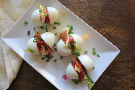 Keto Diet. Hard Boiled Egg, Radish , Cheese And Bacon Sandwich On Dark Background. Easter Recipe