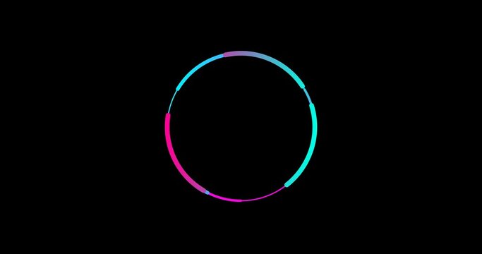 Abstract animation of rotation of a blue and purple circle. Thick and thin dotted lines. The disappearance and appearance of an object against a black background.