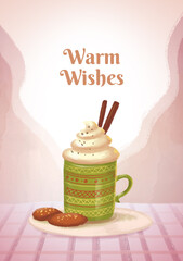 Winter background with hand drawn coffee cup with steam. Warm wishes card.