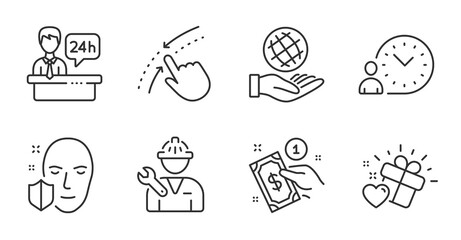 Payment method, Swipe up and Reception desk line icons set. Repairman, Love gift and Safe planet signs. Face protection, Time management symbols. Give money, Touch down, Hotel service. Vector
