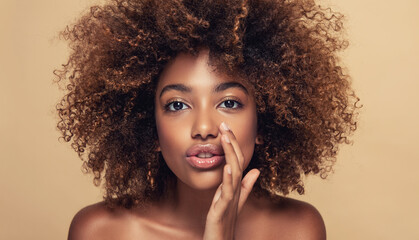 Beautiful african american woman with afro hair   telling a secret .Portrait  beauty  girl who is calling to someone .Funny  model  whispering about something. Expressive facial expressions - obrazy, fototapety, plakaty