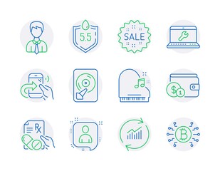 Business icons set. Included icon as Update data, Developers chat, Laptop repair signs. Businessman, Ph neutral, Hdd symbols. Share call, Buying accessory, Sale. Prescription drugs, Piano. Vector