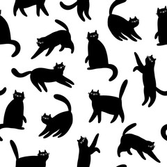 Black cats silhouettes, vector seamless pattern