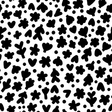 Abstract hand drawn black and white flowers, hearts and different shapes, vector pattern