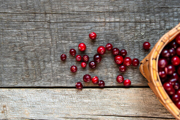 Red cranberries in a wicker basket on a wooden rustic background.