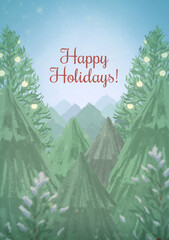 Happy Holidays Christmas trees card. Digitally hand drawn illustration.