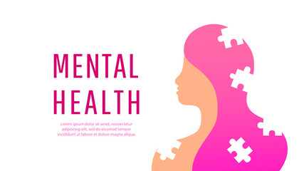 Mental health concept. Female head silhouette with puzzle pieces on a white background. Puzzle, brainstorming and idea