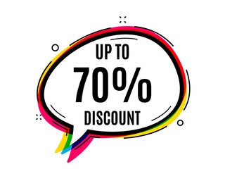 Up to 70% Discount. Speech bubble vector banner. Sale offer price sign. Special offer symbol. Save 70 percentages. Thought or dialogue speech balloon shape. Discount tag chat think bubble. Vector