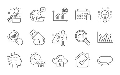 Calendar, Messenger and Graph chart line icons set. Artificial intelligence, Creative idea and Cloud protection signs. 5g statistics, Flash memory and Idea symbols. Line icons set. Vector