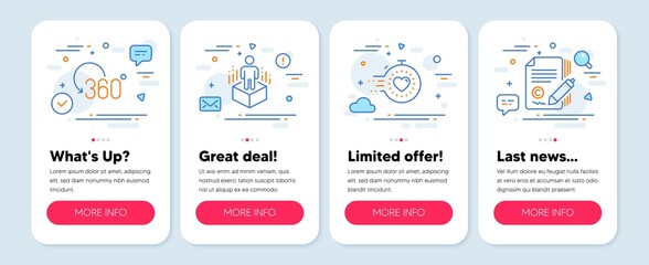 Set of Science icons, such as Augmented reality, Timer, Full rotation symbols. Mobile screen mockup banners. Copywriting line icons. Virtual reality, Deadline management, 360 degree. Vector