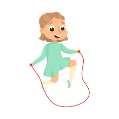 Obraz premium Smiling Girl Jumping with Skipping Rope, Kid Having Fun on Playground Cartoon Style Vector Illustration