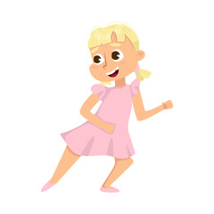 Cute Blonde Little Girl in Pink Dress Having Fun Cartoon Style Vector Illustration