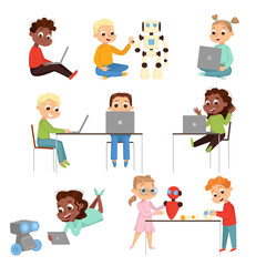 Kids Programmer Characters Set, Boys and Girls Using Computers, Creating and Programming Smart Robots, Electronics Education Concept Cartoon Style Vector Illustration