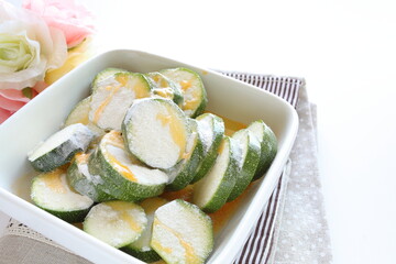 Korean cooking, chopped zucchini  and egg washfor prepared ingredient