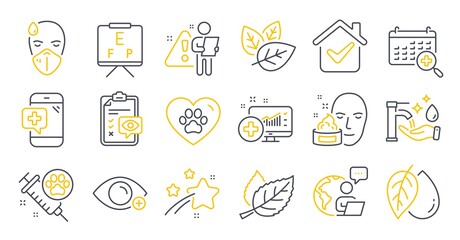 Set of Healthcare icons, such as Medical analytics, Sick man, Farsightedness symbols. Dog vaccination, Face cream, Medical calendar signs. Pets care, Mineral oil, Vision board. Leaf. Vector