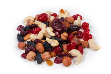 Small pile of mix of different nuts and dried fruits