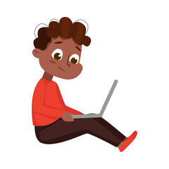Fototapeta premium Cute Little African American Boy Using Laptop Computer, Online Education or Courses, Kid Programmer Character Cartoon Style Vector Illustration