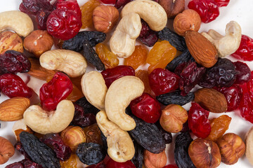 Background of mix of different nuts and dried fruits closeup