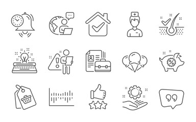 Doctor, Employee hand and Piggy sale line icons set. Sale tag, Ice creams and Rating stars signs. Typewriter, Time management and Anti-dandruff flakes symbols. Line icons set. Vector