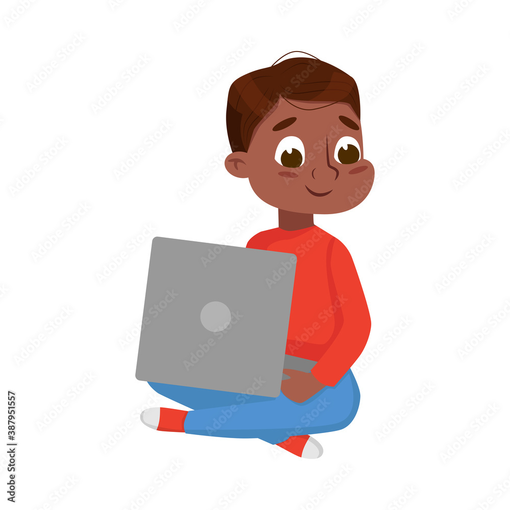 Sticker Cute Little Boy Sitting on Floor with Crossed Legs Using Laptop Computer, Online Education or Course, Kid Programmer Character Cartoon Style Vector Illustration