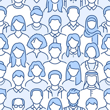 Crowd of people vector seamless pattern. Monochrome background with diverse unrecognizable business men, woman line icons. Blue white color illustration