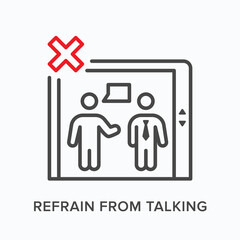 Refrain from talking in elevator flat line icon. Vector outline illustration of man speaking. Coronavirus prevention thin linear sign