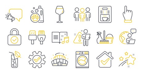 Set of Business icons, such as Click hand, Bordeaux glass, Computer cables symbols. Pet shampoo, Music book, Service signs. Megaphone, Arena stadium, Water glass. Washing machine, Group. Vector