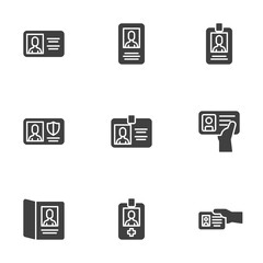 ID card vector icons set, modern solid symbol collection, filled style pictogram pack. Signs, logo illustration. Set includes icons as passport document, security identification badge, driving license