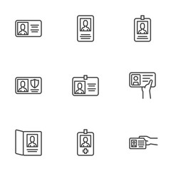 ID card line icons set. Identity card linear style symbols collection, outline signs pack. vector graphics. Set includes icons as passport document, security identification badge, driving license