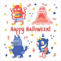 Monster Cartoon Character set. Hand drawn vector illustration with Beast, Slime Slug, Wolf, Devil and small patterns. Mystery, All Saints Day concept for Mystery party, posters, greeting cards