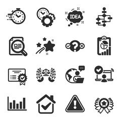 Fototapeta premium Set of Education icons, such as Quiz test, Timer, Block diagram symbols. Online access, Check article, Certificate signs. Time management, Idea, Report. Justice scales, Column chart. Vector