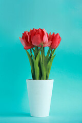 Red artificial flower with green leaf on white pot on bright blue background