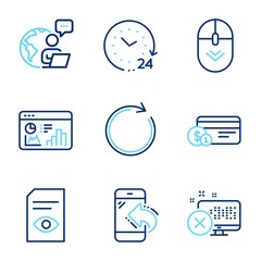 Technology icons set. Included icon as Payment method, Incoming call, Seo statistics signs. Scroll down, Synchronize, 24 hours symbols. View document, Reject access line icons. Line icons set. Vector