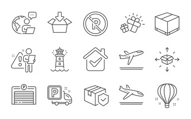 Gift, Lighthouse and Truck parking line icons set. Parcel delivery, Get box and Departure plane signs. Arrivals plane, Parking garage and Parcel insurance symbols. Delivery box, Air balloon. Vector
