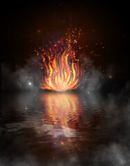 Magic fire, flame, reflection in water, night view. Fantasy background, red and orange accent. 3D illustration.