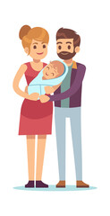 Happy parent with newborn. Mom and dad with kid, husband and wife hugging baby, young smiling family parenthood and pregnancy concept vector cartoon flat characters on white background