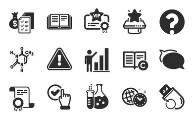 Talk bubble, Graph chart and Vip certificate icons simple set. Time management, Checkbox and Education signs. Chemical formula, Certificate and Copyright symbols. Flat icons set. Vector
