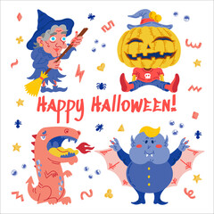 Monster Cartoon Character set. Handdrawn vector illustration with Pumpkin, Witch, Dragon, a Vampire and small patterns. Mystery, All Saints Day concept for halloween party, posters, greeting cards
