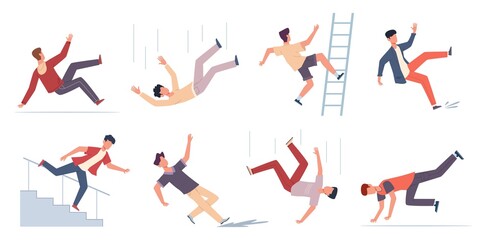 Fototapeta na wymiar Falling people. Danger caution wet floor, falling down stairs, slipping, stumbling and downfall injured man, beware accidents safety vector flat cartoon isolated unbalanced characters