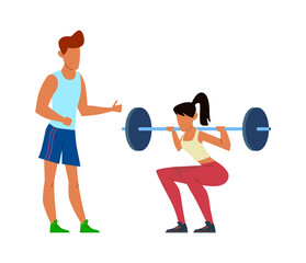 Active sport woman with trainer, girl in sportswear powerlifter squatting using heavy barbell with fitness coach, bodybuilding in gym concept vector illustration