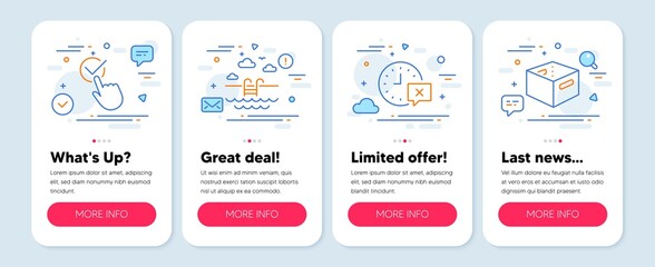 Set of Business icons, such as Swimming pool, Time, Checkbox symbols. Mobile screen app banners. Office box line icons. Basin, Remove alarm, Approved. Delivery box. Swimming pool icons. Vector