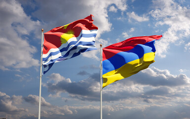 Beautiful national state flags of Kiribati and Armenia together at the sky background. 3D artwork concept.