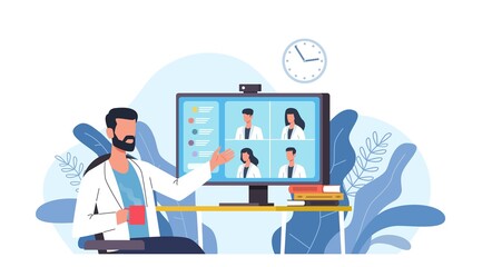 Medical video conference. Online doctors meeting with computer app, web consultation. Internet working webinar with hospital specialist. Telemedicine, medic advice telehealth vector concept