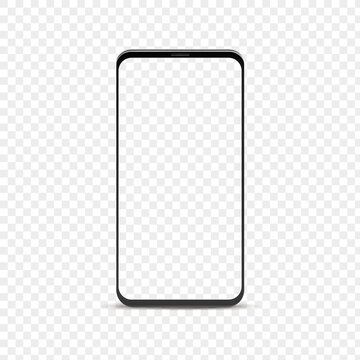 Realistic smartphone mockup. Blank phone with transparent screen and background, black telephone frame, advertising on device display, online communication 3d vector isolated template