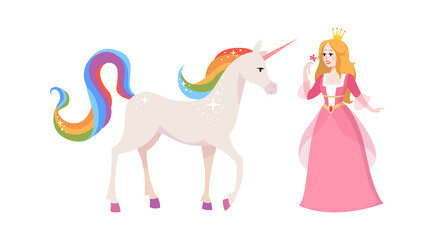 Princess and fairy unicorn. Cute cartoon female character in pink dress and tiara, white horse with rainbow tail and mane, fantasy creature of kid fairytale flat vector illustration