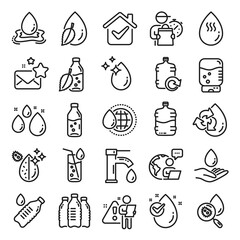 Water drop line icons. Set of Bottle, Antibacterial filter and Tap water linear icons. Bacteria, Cooler and Refill barrel bottle. Liquid drop, antibacterial cleaner and drink machine, tap. Vector